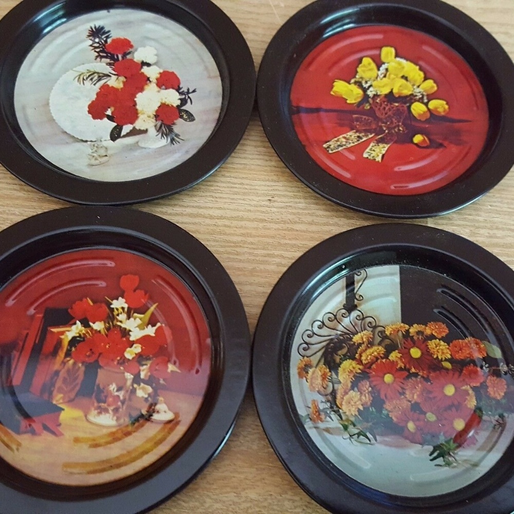 4 Vintage Tin Metal Coasters Flower Floral Bouquet